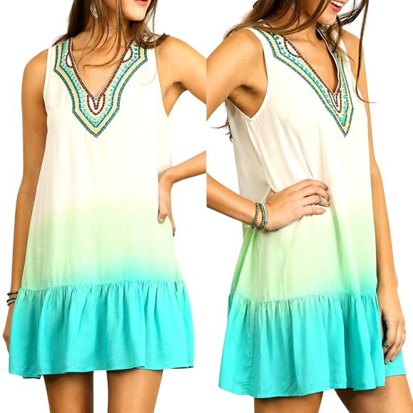 Umgee Dress Sz S Mint Beaded Embellished Ombre Embroidered Summer Cottage Tunic - Picture 1 of 5